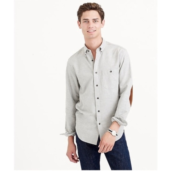J. CREW- Gray Brown Heathered Chamois Elbow Patch Long Sleeved Shirt - Picture 1 of 6
